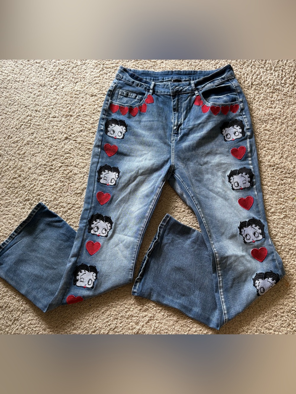 Dolls Kill Blue Denim Bootcut Jeans with Red Heart & Betty Boop Embroidery